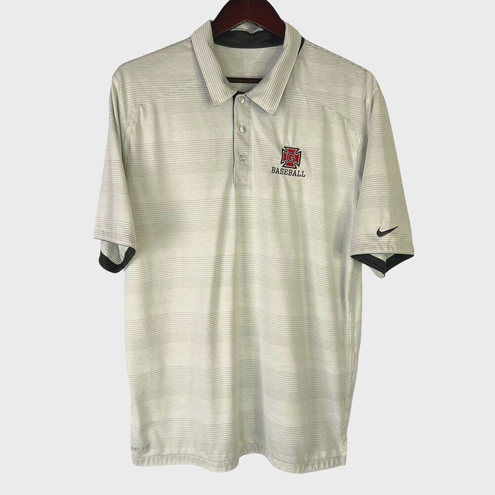 Nike Dri-fit Men's Baseball Team Logo White Gray Stripe Polo Shirt Size Large